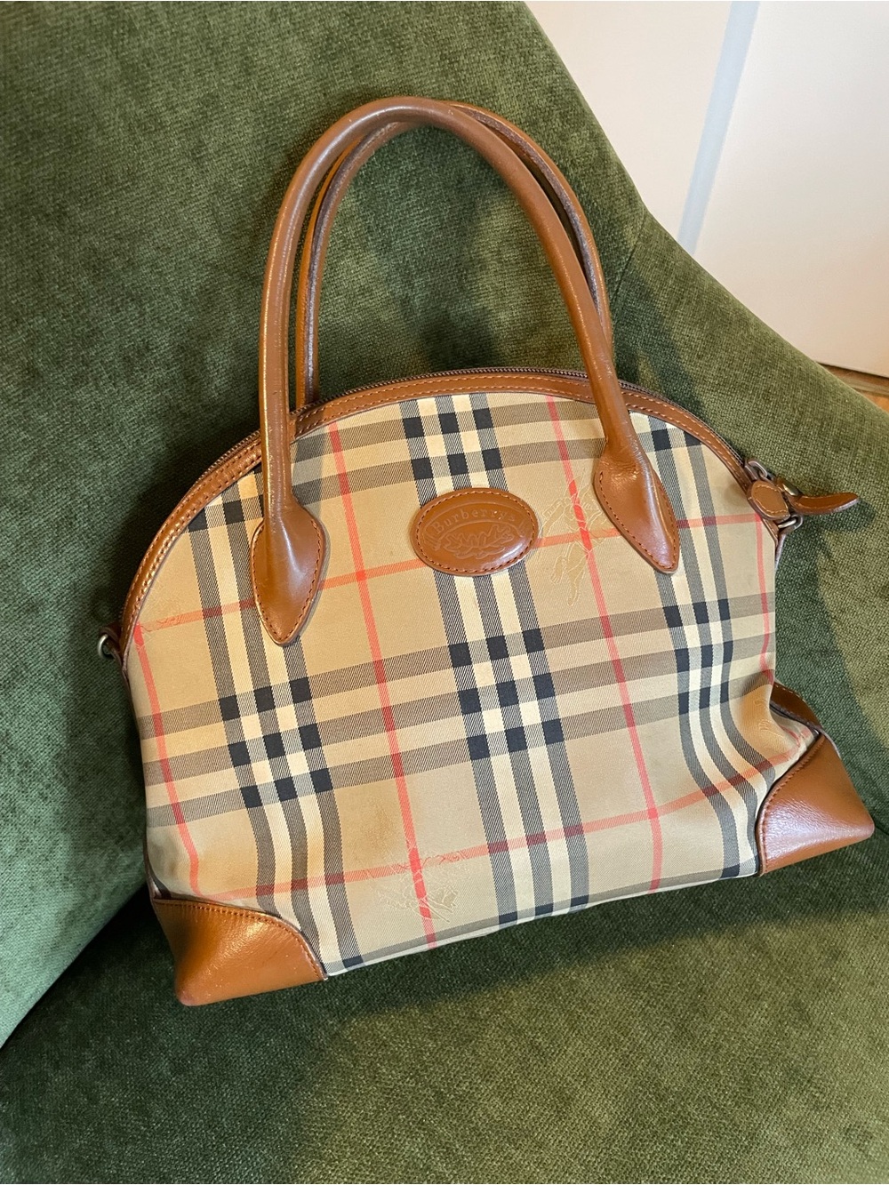 Burberry Beige Check Canvas Satchel with Brown Leather Trim